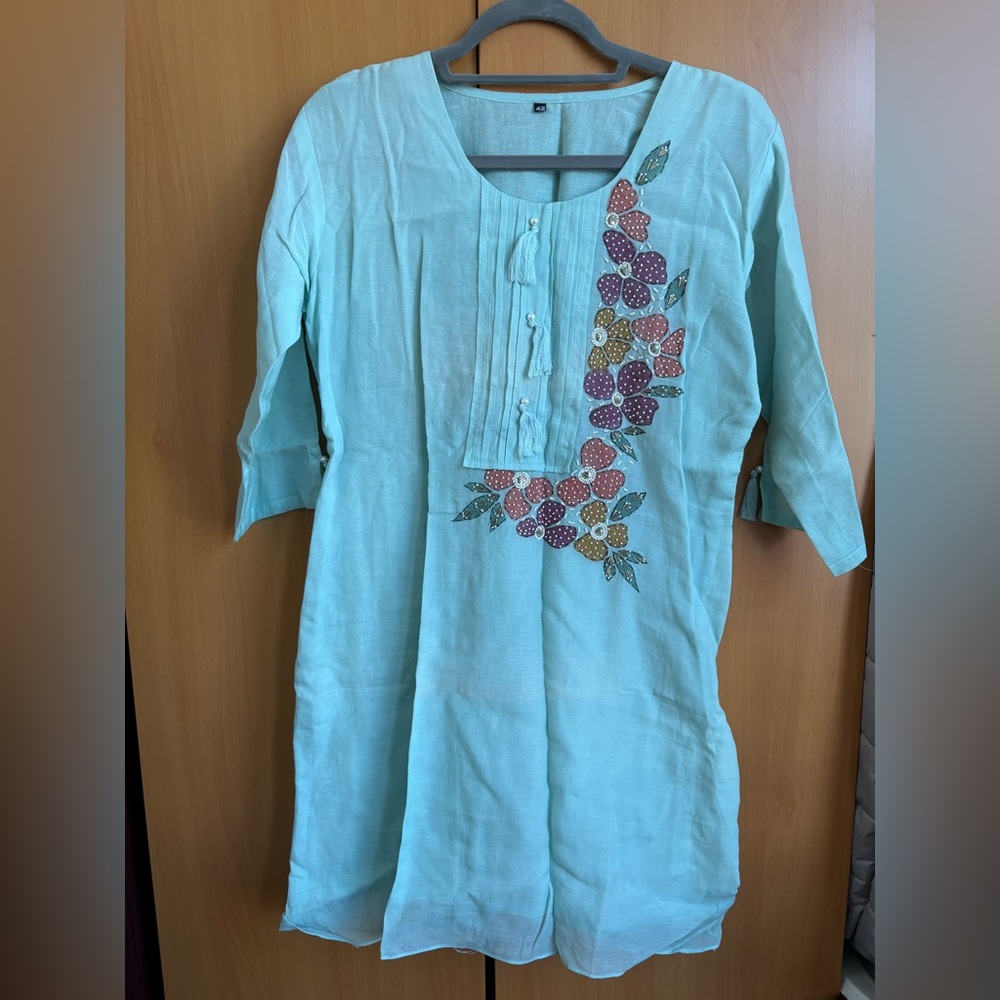 Aqua Tunic with Floral Embroidery